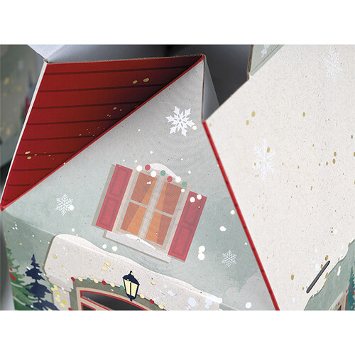 Caja cartón en forma de casa PUEBLO NEVADO asa