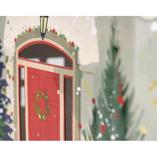 Caja cartón en forma de casa PUEBLO NEVADO asa