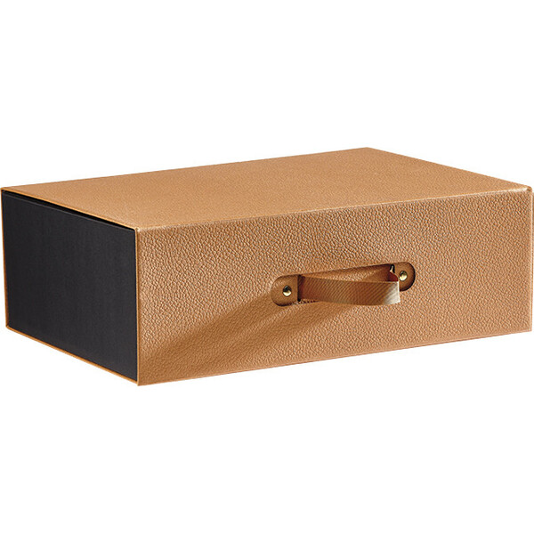 Coffret carton rect. HAVANA texture havane/noir poignée ruban ferm aimant fermoir simili cuir livr à plat