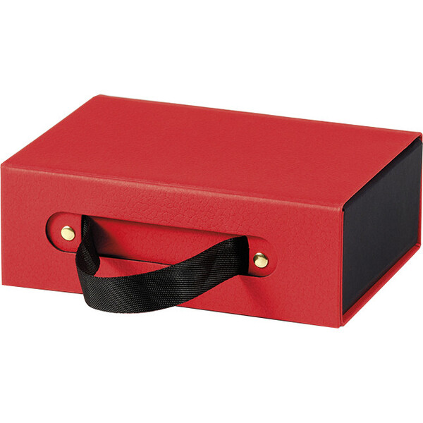 Caja cartón rectangular ALFOMBRA ROJA textura rojo/negro asa cinta cierre magnético entrega plana