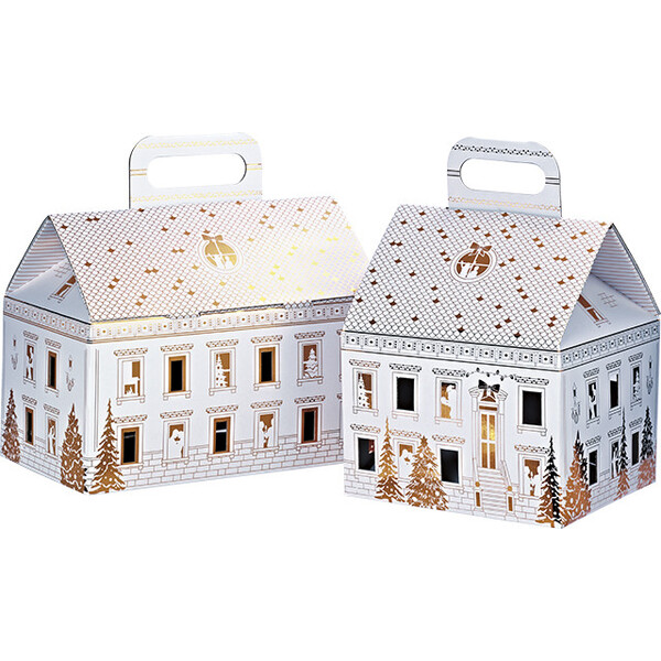 Coffret carton forme maison VILLE EN FETE blanc/dorure à chaud or poignée