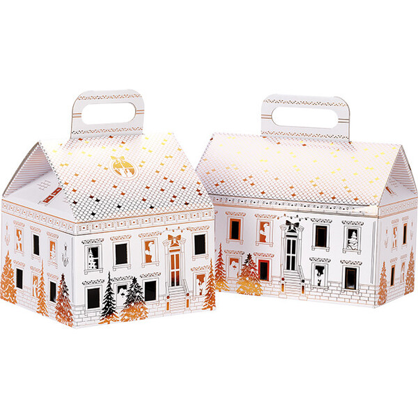 Coffret carton forme maison VILLE EN FETE blanc/dorure à chaud or poignée