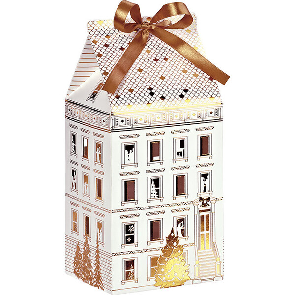 Caja cartón forma casa CIUDAD FESTIVA blanco/ estampación en caliente dorado cinta satén