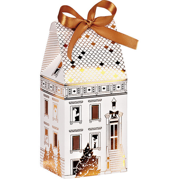 Box cardboard house shaped FESTIVE CITY white/gold hot foil stamping satin ribbon