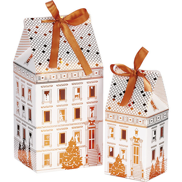 Box cardboard house shaped FESTIVE CITY white/gold hot foil stamping satin ribbon
