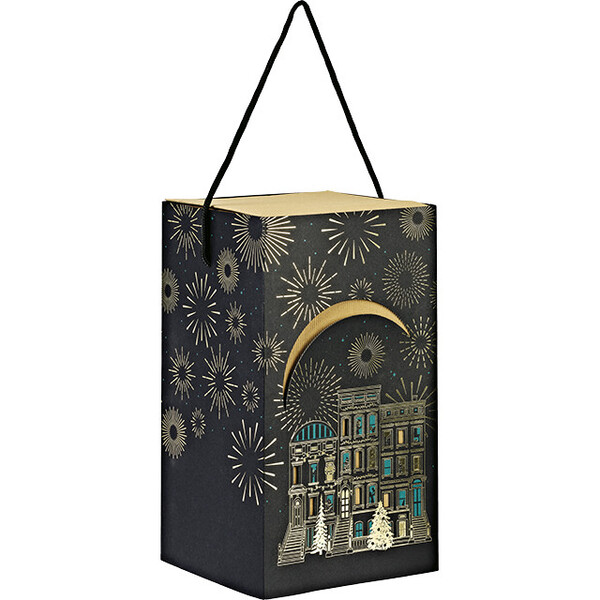 Caja cartón funda cuadrada CIUDAD FESTIVA negro/verde/estampación en caliente dorado entrega plana