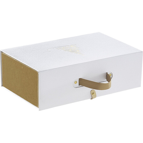 Box cardboard rectangular GOLDEN SPARKLES texture white/gold ribbon handle magnetic closure delivered flat