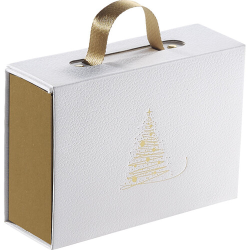 Caja cartón rectangular CHISPAS DE ORO textura blanco/oro asa cinta cierre imán entrega plana
