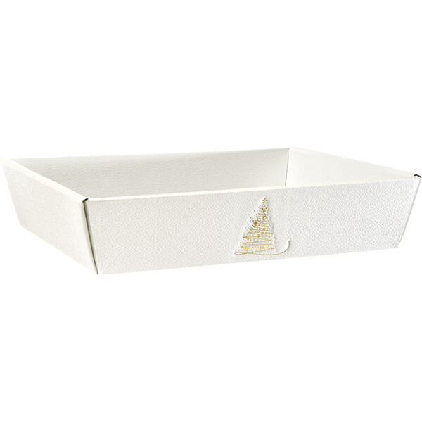 Caja cartón rectangular CHISPAS DE ORO textura blanco/oro entrega plana (dim. bandeja montada)