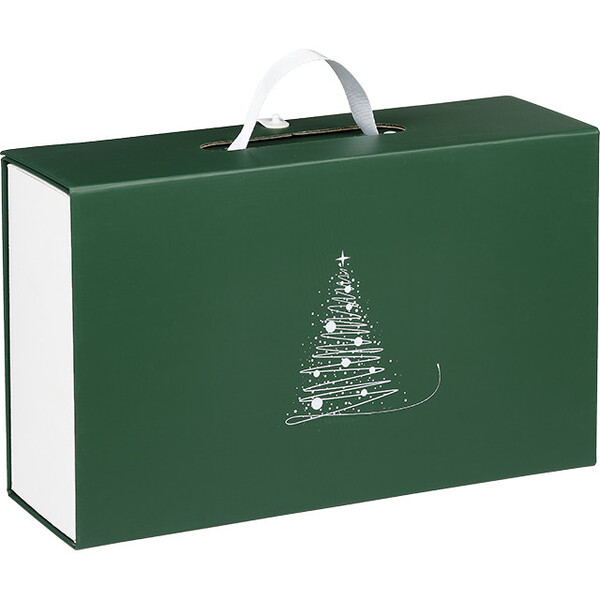 Box cardboard rectangular WINTER ELEGANCE texture green/white ribbon handle magnetic closure delivered flat