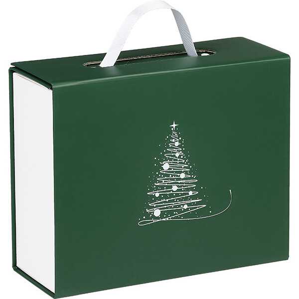 Caja cartón rectangular ELEGANCIA DE INVIERNO textura verde/blanco asa cinta cierre imán entrega plana