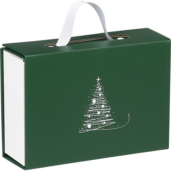 Box cardboard rectangular WINTER ELEGANCE texture green/white ribbon handle magnetic closure delivered flat