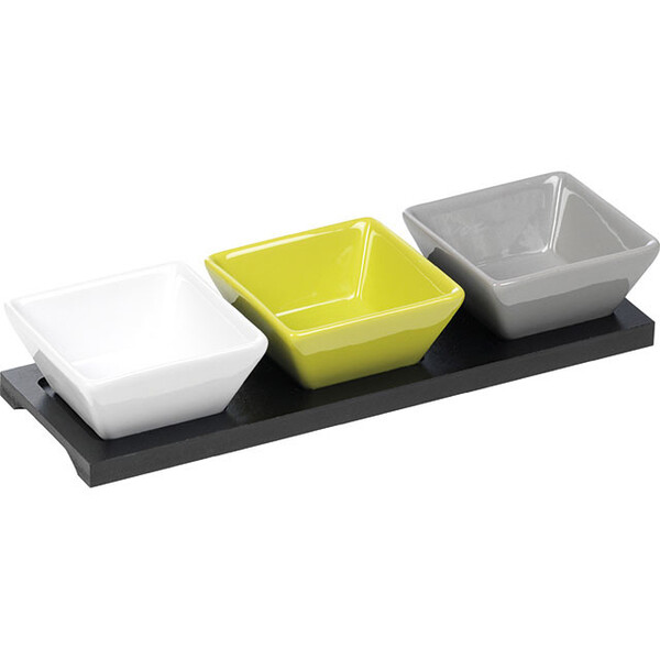 Lote de 3 tigelas cerâmica quadradas verde/cinza/branco bandeja madeira