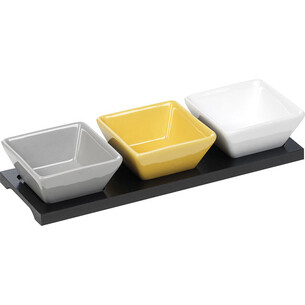 Set/3 ceramic ramekins on wood tray / grey,white,yellow...