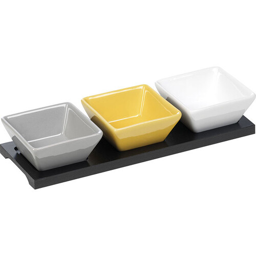 Lot / 3 ramequins céramique carrés jaune/gris/blanc sur plateau bois
