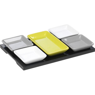 Set/5 grey/white/green ceramic ramekins on wood plate...