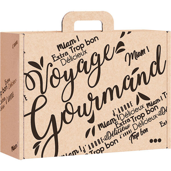 Valisette carton kraft rectangle VOYAGE GOURMAND noir