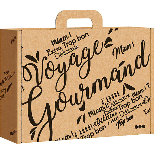 Valisette carton kraft rectangle VOYAGE GOURMAND noir