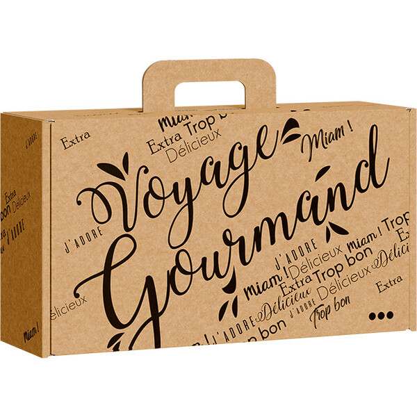 Valisette carton kraft rectangle VOYAGE GOURMAND noir