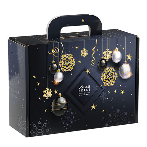 Maleta cartón rectangular JOYEUSES FÊTES bolas de Navidad/negro/dorado/plateado