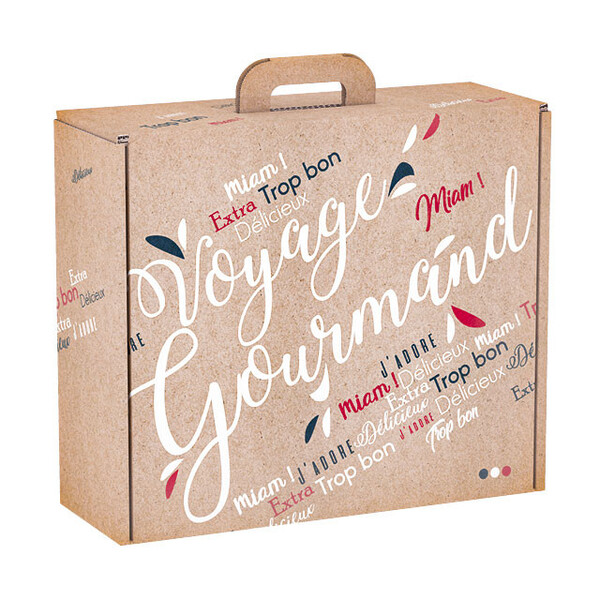 Mala cartão rectangular kraft VOYAGE GOURMAND azul/branco/vermelho