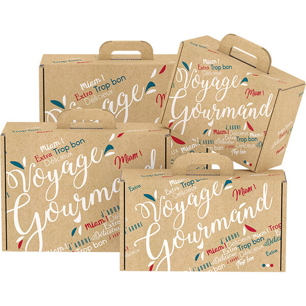 Valisette carton kraft rectangle VOYAGE GOURMAND bleu/blanc/rouge