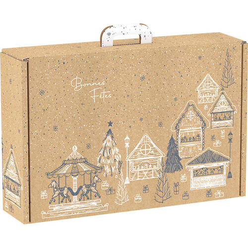Valisette carton kraft rectangle BONNES FÊTES chalets/gris/blanc