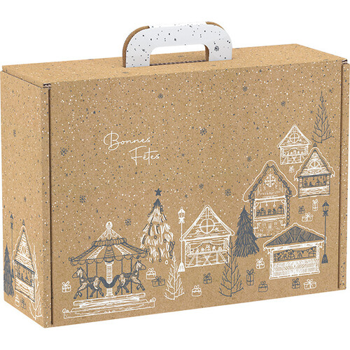 Valisette carton kraft rectangle BONNES FÊTES chalets/gris/blanc