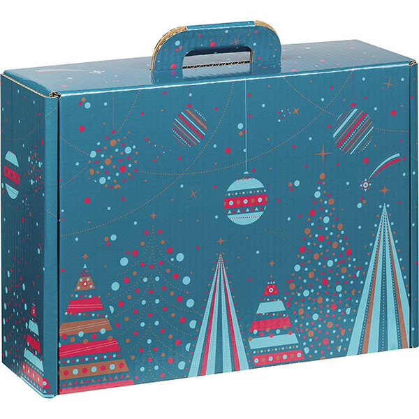Maleta cartón kraft rectangular FELIZ NAVIDAD azul/rojo/dorado
