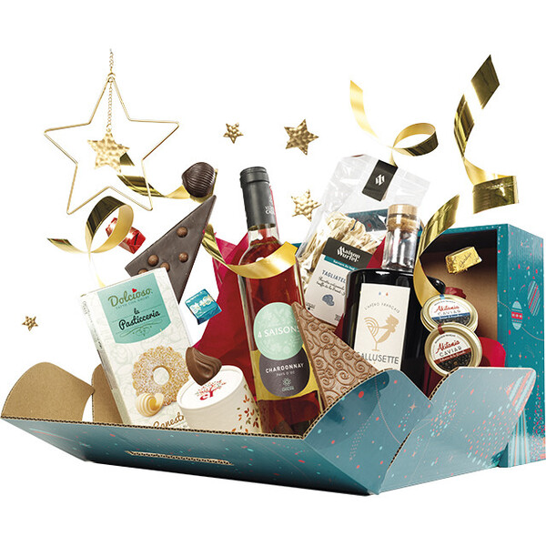 Maleta cartón kraft rectangular FELIZ NAVIDAD azul/rojo/dorado