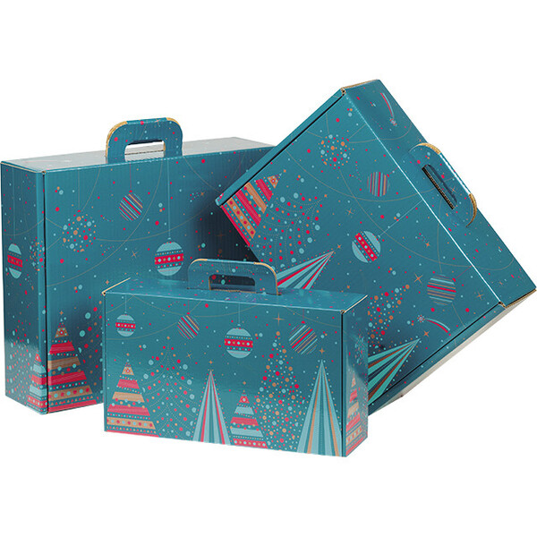 Maleta cartón kraft rectangular FELIZ NAVIDAD azul/rojo/dorado