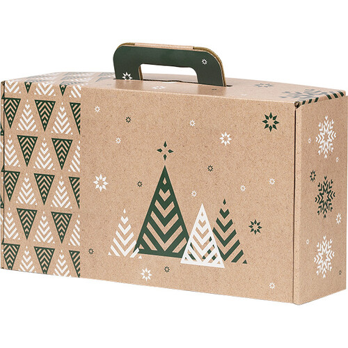 Suitcase cardboard kraft rectangular MERRY CHRISTMAS Christmas trees/green/white