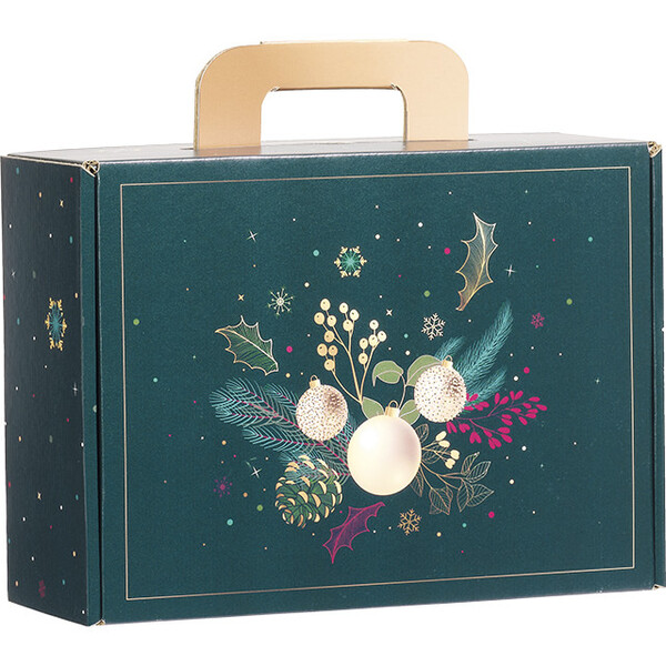 Maleta cartón kraft rectangular NATURALEZA ENCANTADA verde/oro