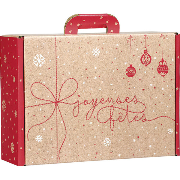 Maleta cartón kraft rectangular SORPRESAS DE INVIERNO rojo/blanco
