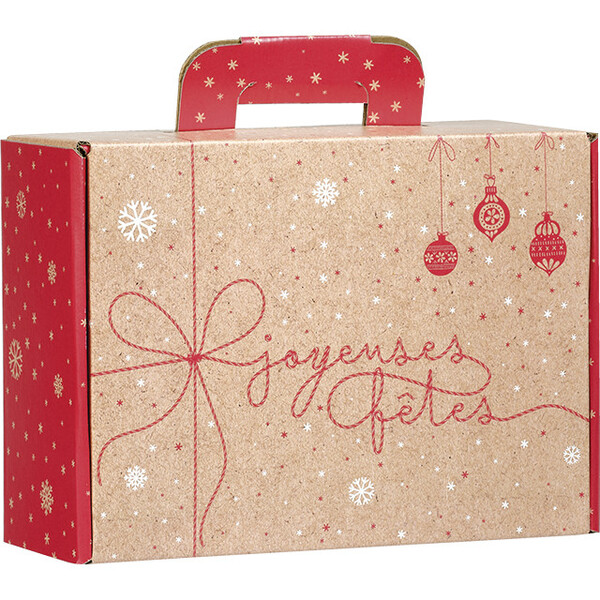 Valisette carton kraft rectangle SURPRISES D'HIVER rouge/blanc