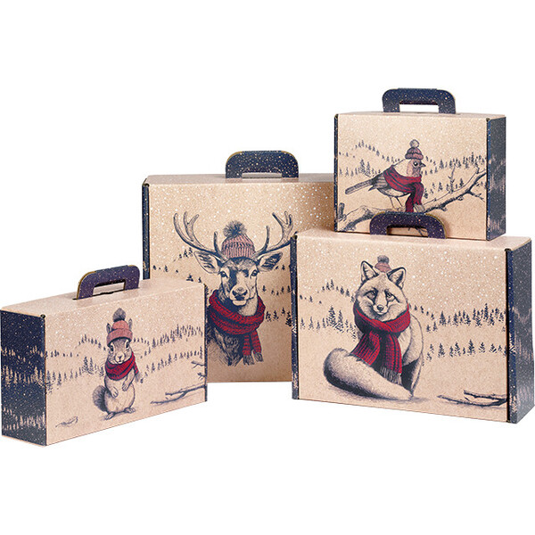 Maleta cartón kraft rectangular ENCUENTROS INSOLITOS ciervo/rojo/azul/blanco
