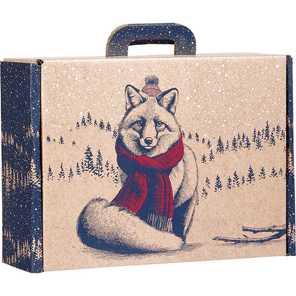 Maleta cartón kraft rectangular ENCUENTROS INSOLITOS zorro/rojo/azul/blanco