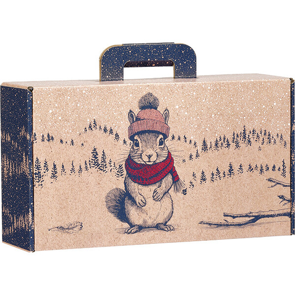Maleta cartón kraft rectangular ENCUENTROS INSOLITOS ardilla/rojo/azul/blanco