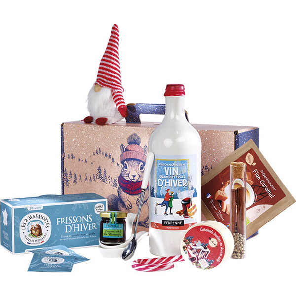 Maleta cartón kraft rectangular ENCUENTROS INSOLITOS ardilla/rojo/azul/blanco