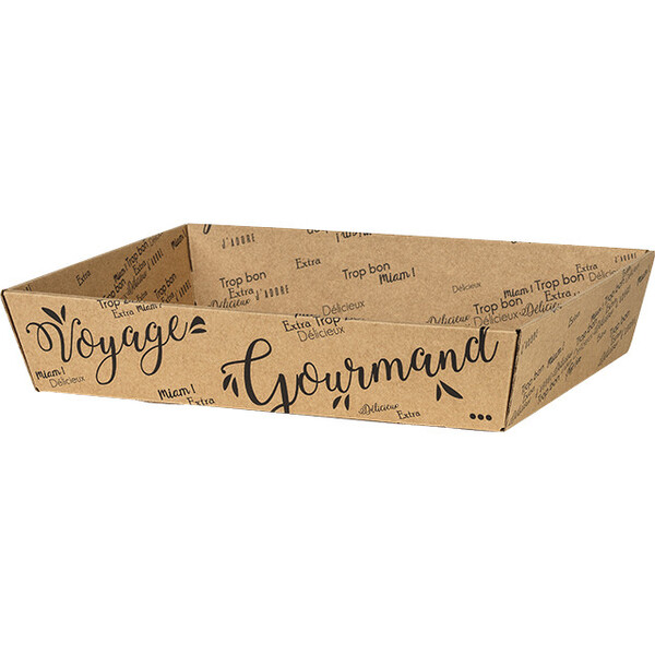 Corbeille carton kraft rectangle VOYAGE GOURMAND noir livrée à plat