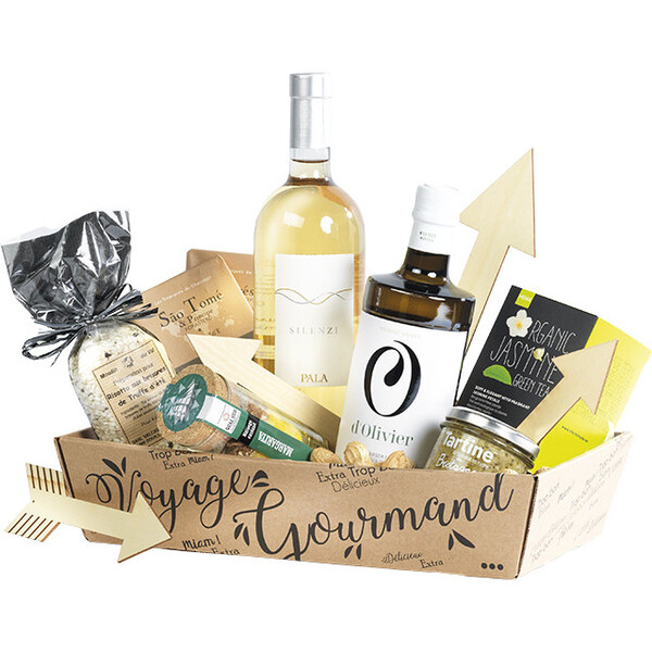 Corbeille carton kraft rectangle VOYAGE GOURMAND noir livrée à plat