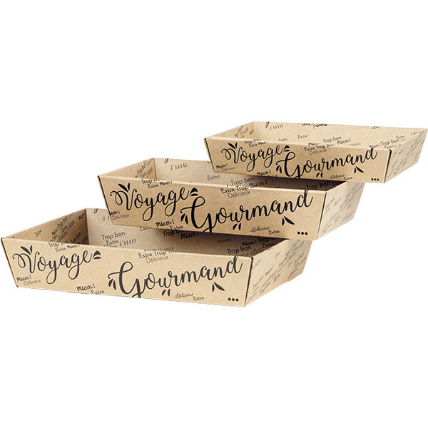 Corbeille carton kraft rectangle VOYAGE GOURMAND noir livrée à plat