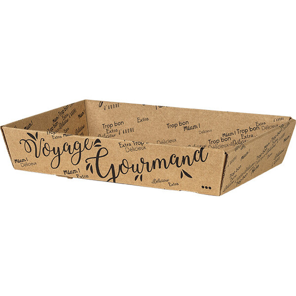 Bandeja cartón kraft rectangular VOYAGE GOURMAND negro entrega plana (para montar)