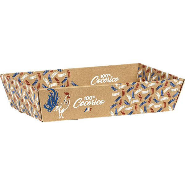 Tray cardboard kraft rectangular 100% COCORICO blue/white/red delivered flat (to assemble)