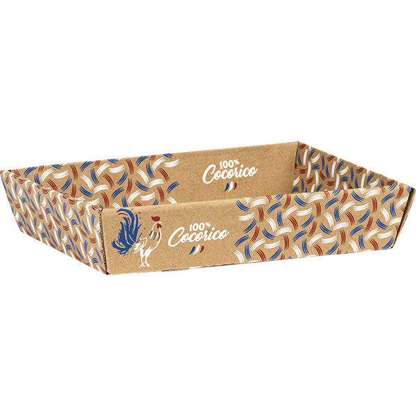 Bandeja cartão kraft retangular 100% COCORICO azul/branco/vermelho entregue plano (para montar)