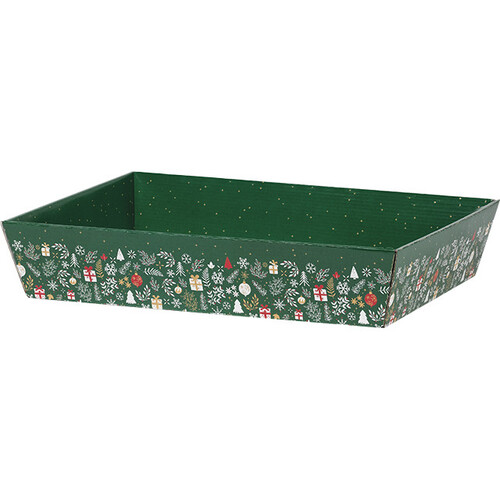 Corbeille carton rectangle BONNES FÊTES vert/rouge/or livrée à plat