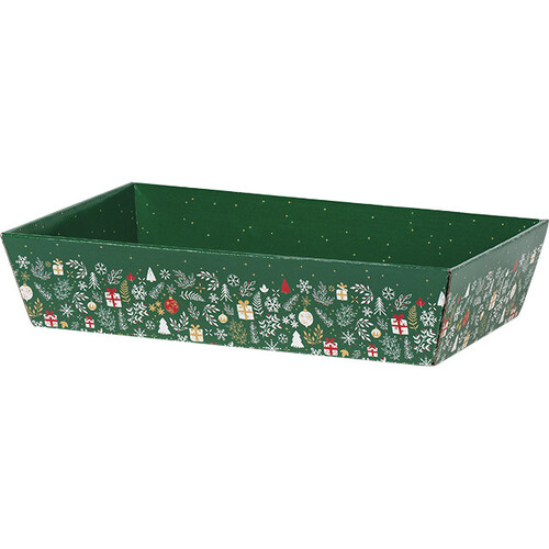 Corbeille carton rectangle BONNES FÊTES vert/rouge/or livrée à plat
