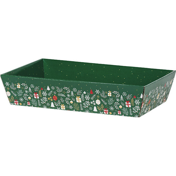 Corbeille carton rectangle BONNES FETES vert/rouge/or livrée à plat ( dim. corbeille montée) -Les Bonnes Affaires 2026