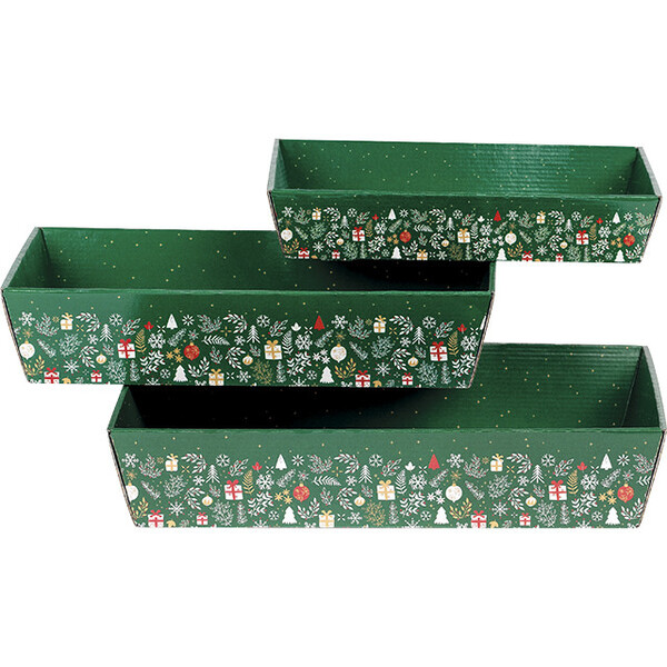 Bandeja cartón rectangular FELIZ NAVIDAD verde/blanco/rojo/oro entrega plana (para montar)