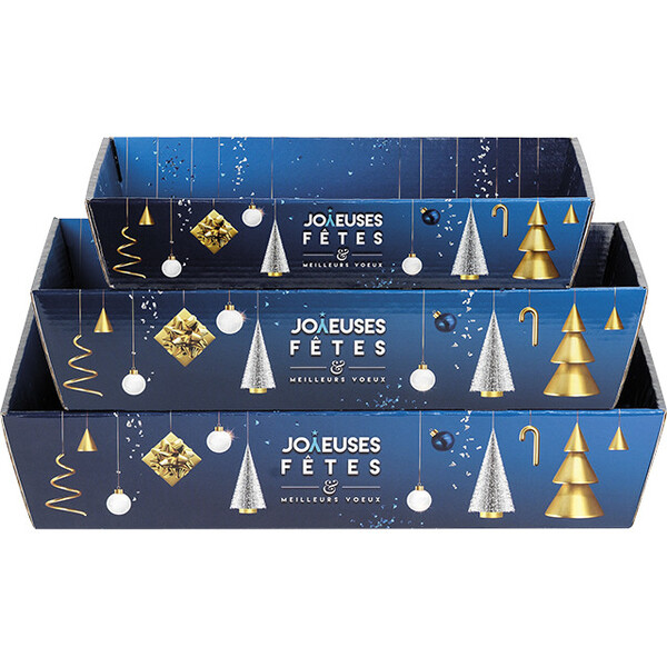Corbeille carton rectangle JOYEUSES FÊTES sapins/bleu/blanc/or livrée à plat